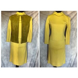 Vtg 60s 70s 3 Pc Skirt Set Yellow Top Midi Skirt Green Suede Vest Mod MCM Pin-up